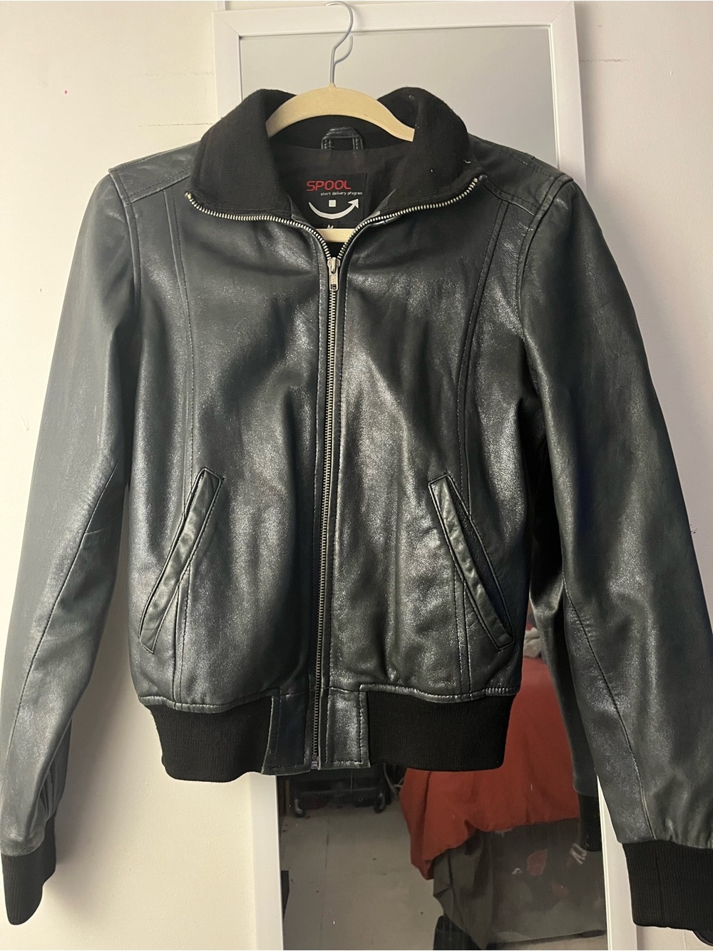 Vintage Navy Blue Leather Bomber Jacket - Women’s